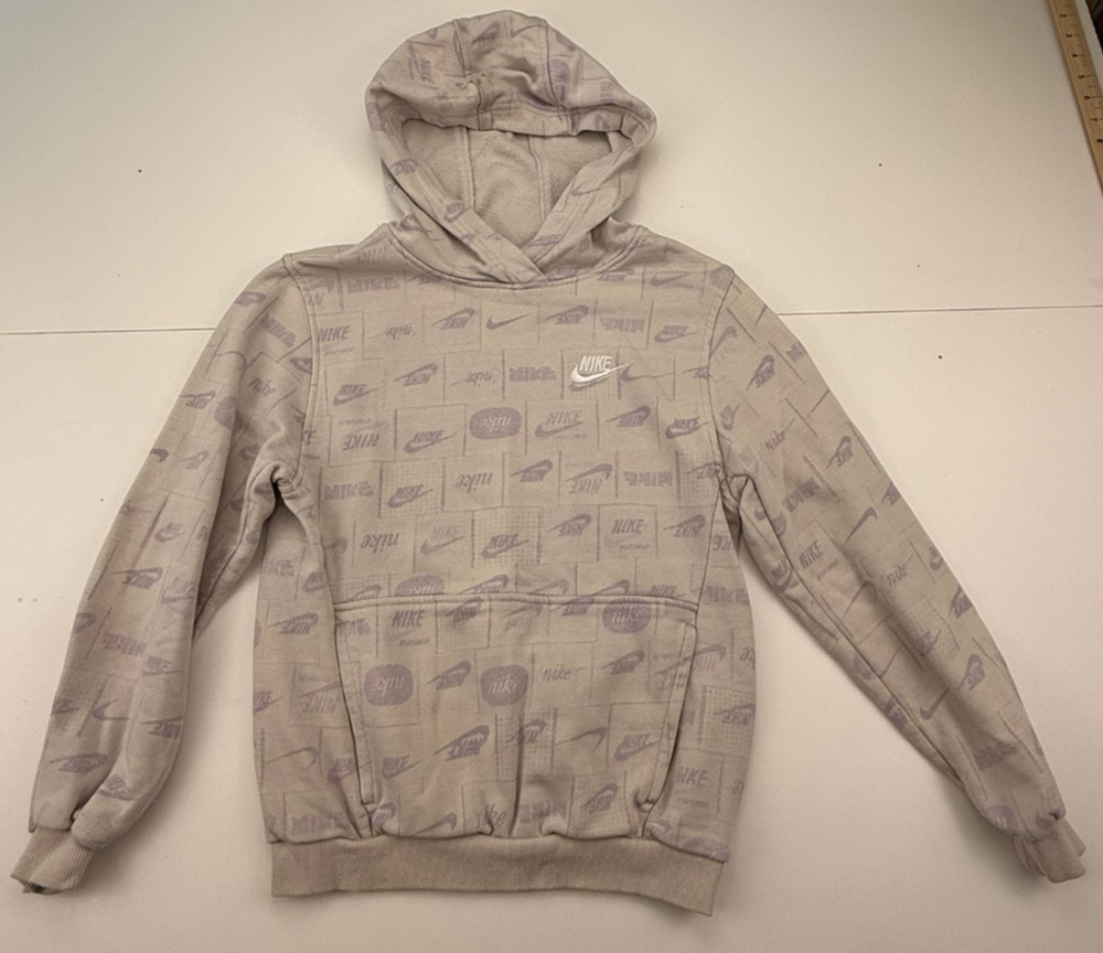 Nike Kids Boys L Club Fleece All Over Print Logo Pullover Hoodie Grey Beige